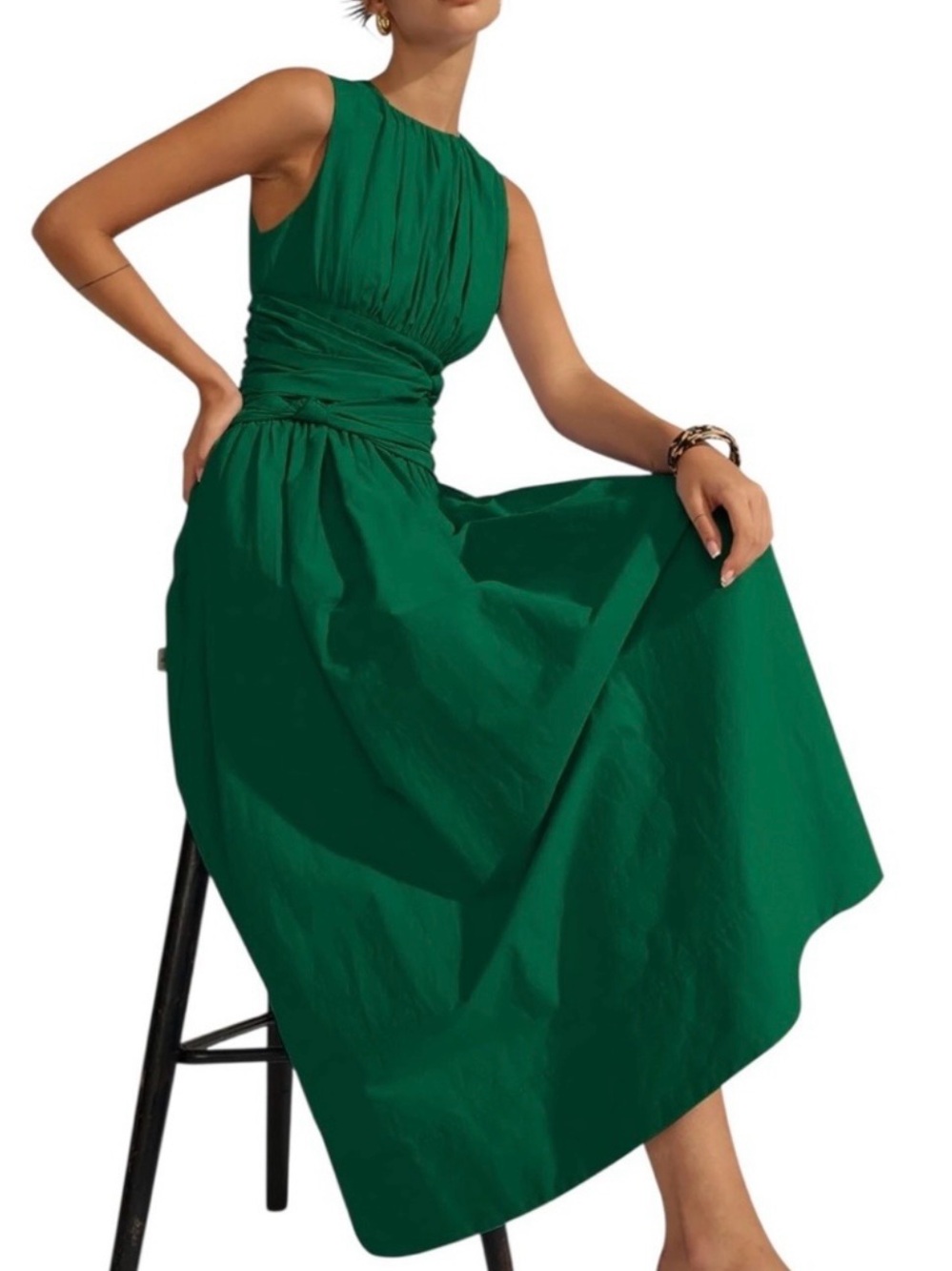 Commense Emerald Green Maxi Dress Ruched Waist Pockets Medium NWT